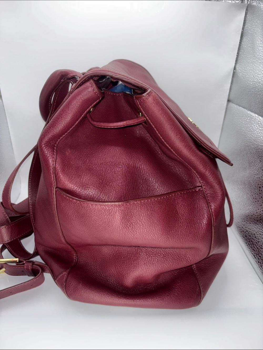 Tory Burch Wine Leather Drawstring Backpack with Gold Logo - Picture 6 of 16